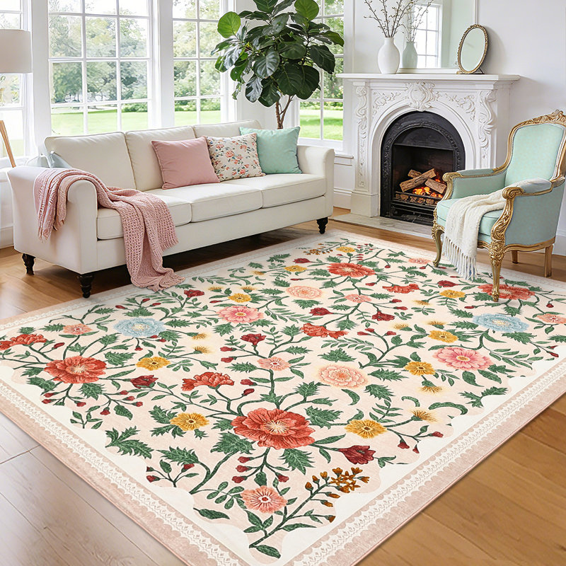 9x12 Area Rugs for Living Room Non Slip Farmhouse Floral Print Accent Carpet Non Shedding Low Pile Ultra Soft Flower Indoor Floor Carpet for Girls Room, Bedroom, Nursery, Beige
