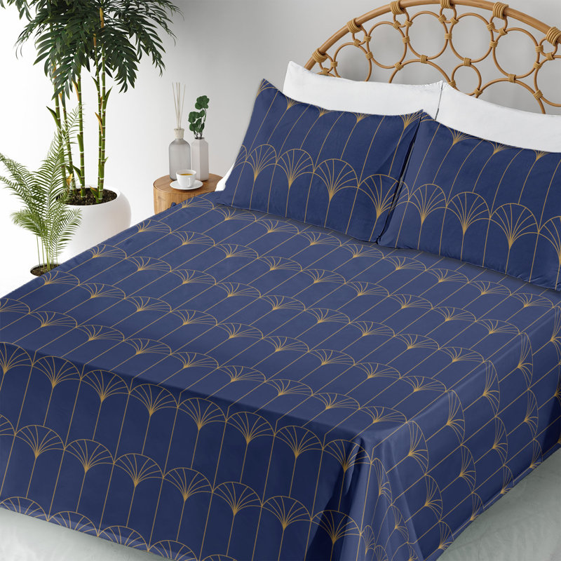 Microfiber Sheet Set, Full Sheet Set with 2 Pillowcases, Navy Blue Geometric
