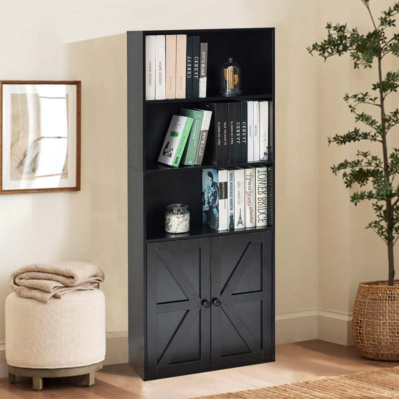 4-Tier Bookshelf With Door - Wooden Storage Bookcase, Display Cabinet For Home & Office, Black, Black