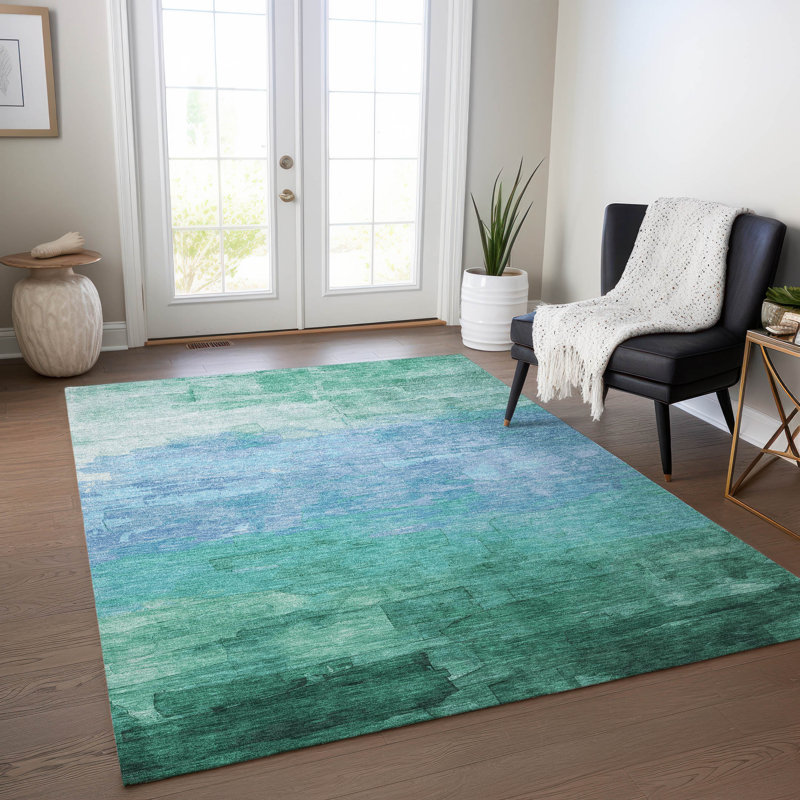 Tapis bleu sarcelle lavable intérieur / extérieur Wyrnleaf - LOOMlan, 9 pi x 12 pi