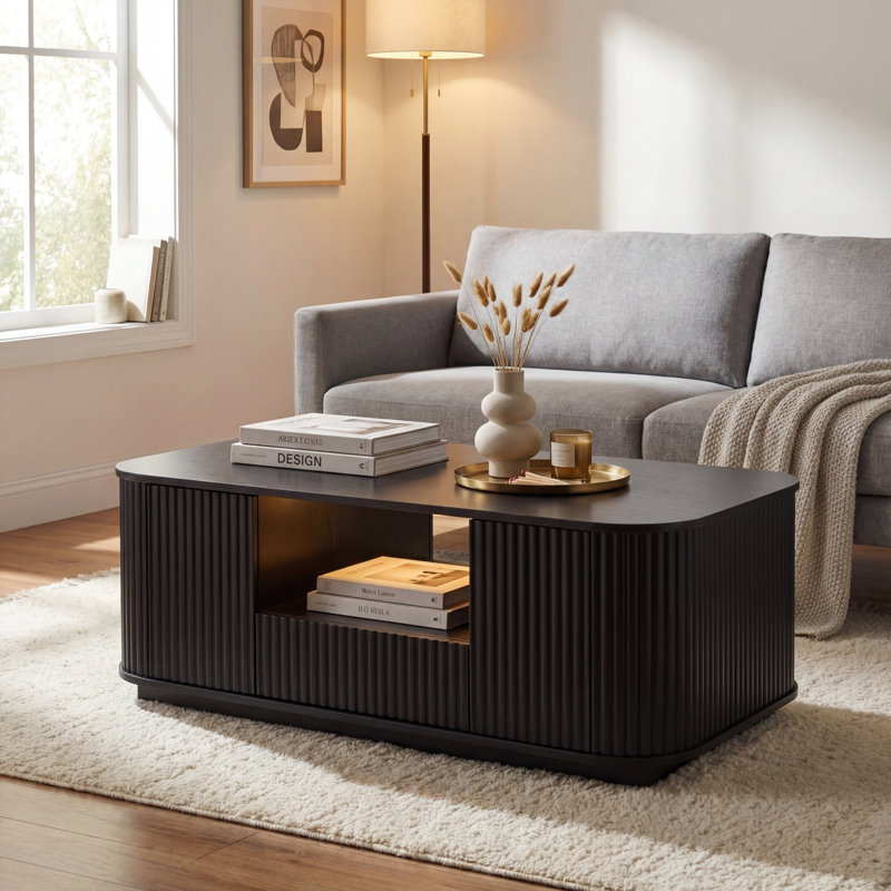 Table basse ovale moderne de luxe avec tiroirs et rangement, conception de contour incurvé, longue table centrale noire de 46,5 pouces pour le salon ou le bureau
