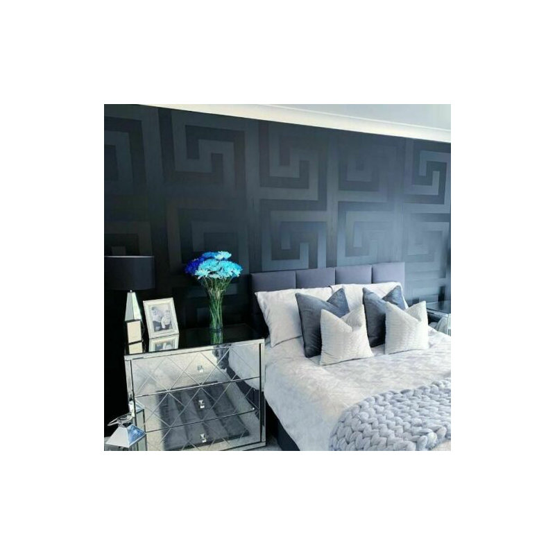 Versace Greek Key Silver Gray Vinyl Wallpaper, 33' L x 27" W, Black/Satin