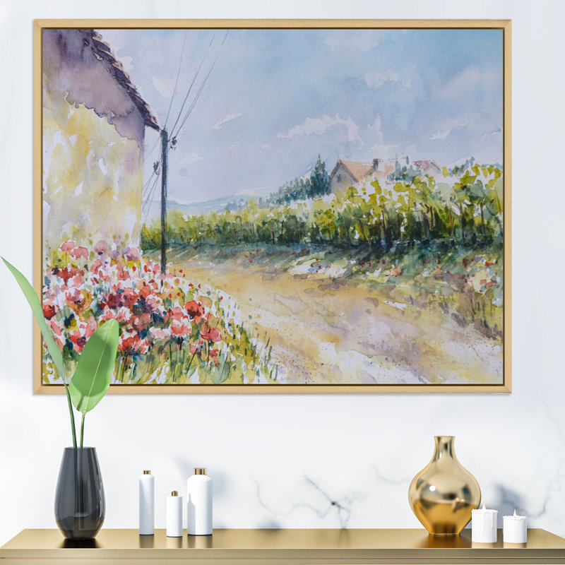 Fleurs de coquelicot par une campagne - peinture sur toile, H 34 po x l 44 po, Cadre flottant en érable