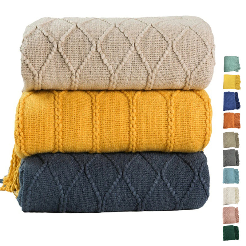 Irregular Rhombus Knitted Throw Blanket, Khaki