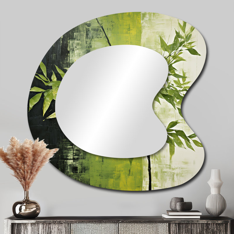 Green Ferm Simple Collage II - Leaves Unique Shape Unique Wall Mirror, Traditional Asymmetrical Mirror, Printed Metal Art