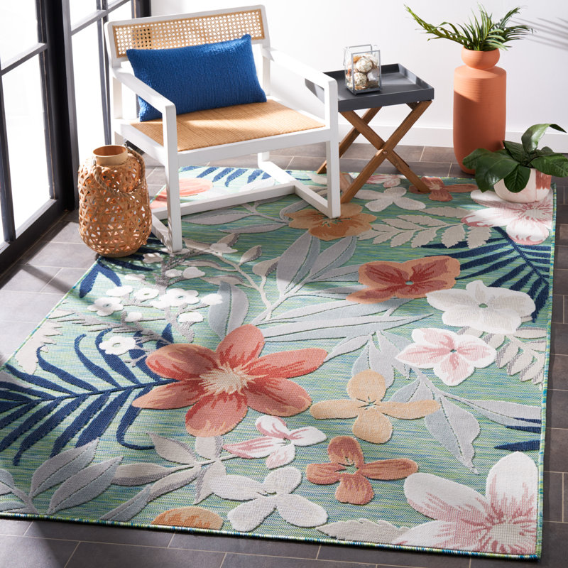 Shutesbury Floral Green/Rust/Navy Indoor / Outdoor Area Rug, Rectangle 5'1" x 7'6"