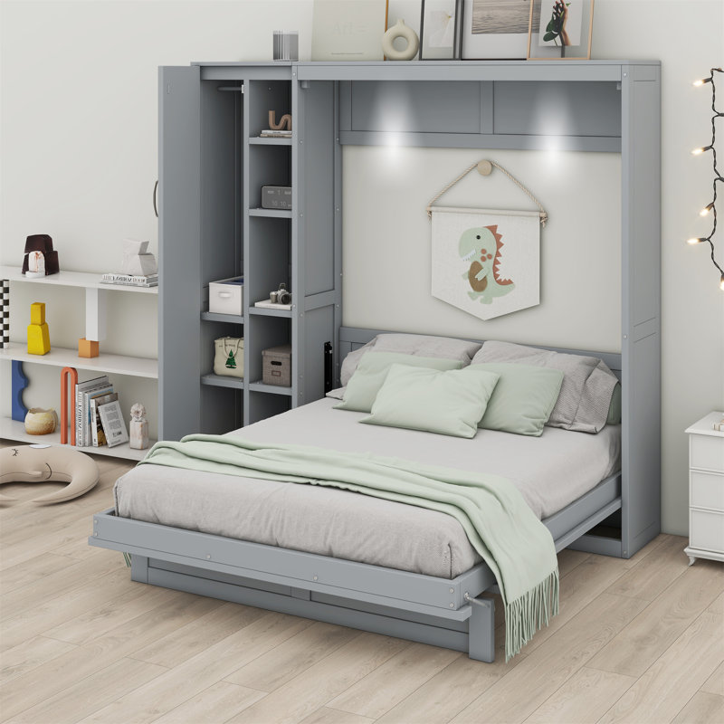 Lit escamotable mural Murphy avec tablettes, garde-robe et lumières DEL, Double, Gris