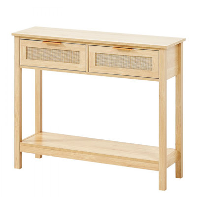 Rattan Console Table with 2 Storage Drawers Rattan 39.37x11.61x32.09inch Sliding Door Natural, Rattan Entryway Table with Storage