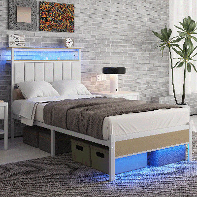Bed Frame with Charging Station and LED Lights, Headboard with 2-Tier Storage Shelves, Bed Frame with Headboard, No Box Spring Needed, Easy Assembly,