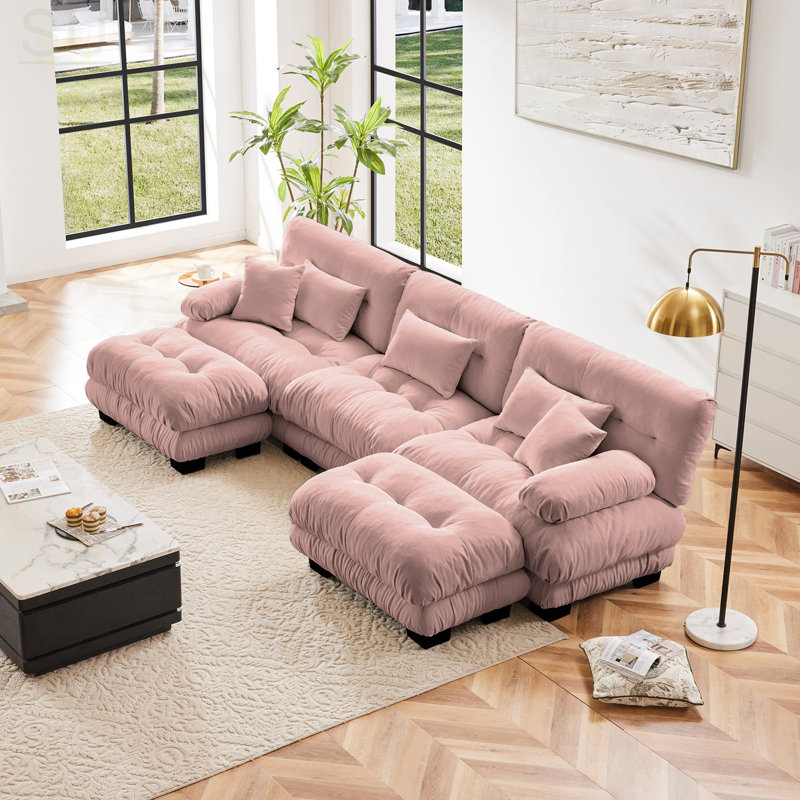 Luxury Modular Sectional Sofa Couch - Oversized U Shaped Cloud Couch For Living Room, Deep Seat Sofa With 2 Ottomans, Pink