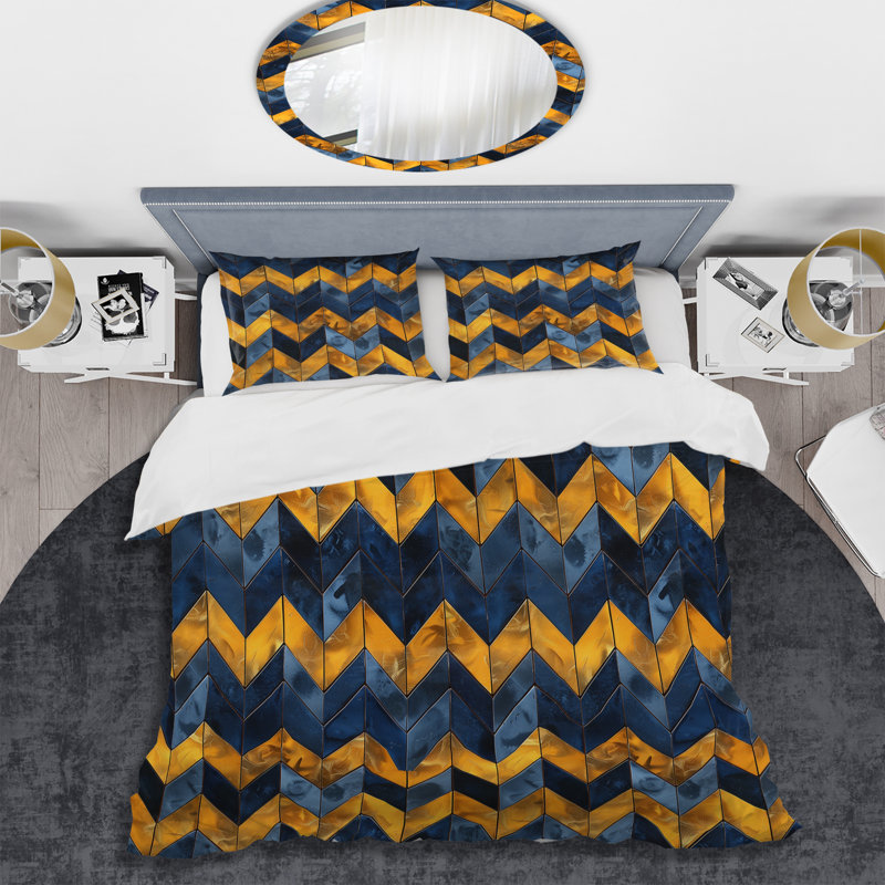 Ensemble de housse de couette moderne bleu et jaune à motif de chevrons glamour IV, Blue/Yellow Chevron IV