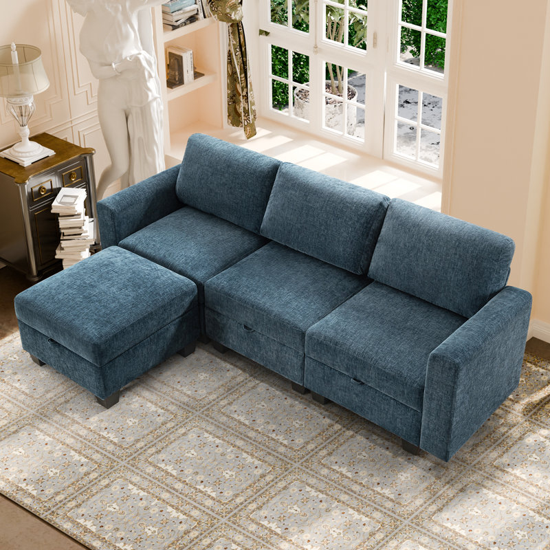 Canapé modulaire rembourré 4 pièces Ilyes, Chenille bleu