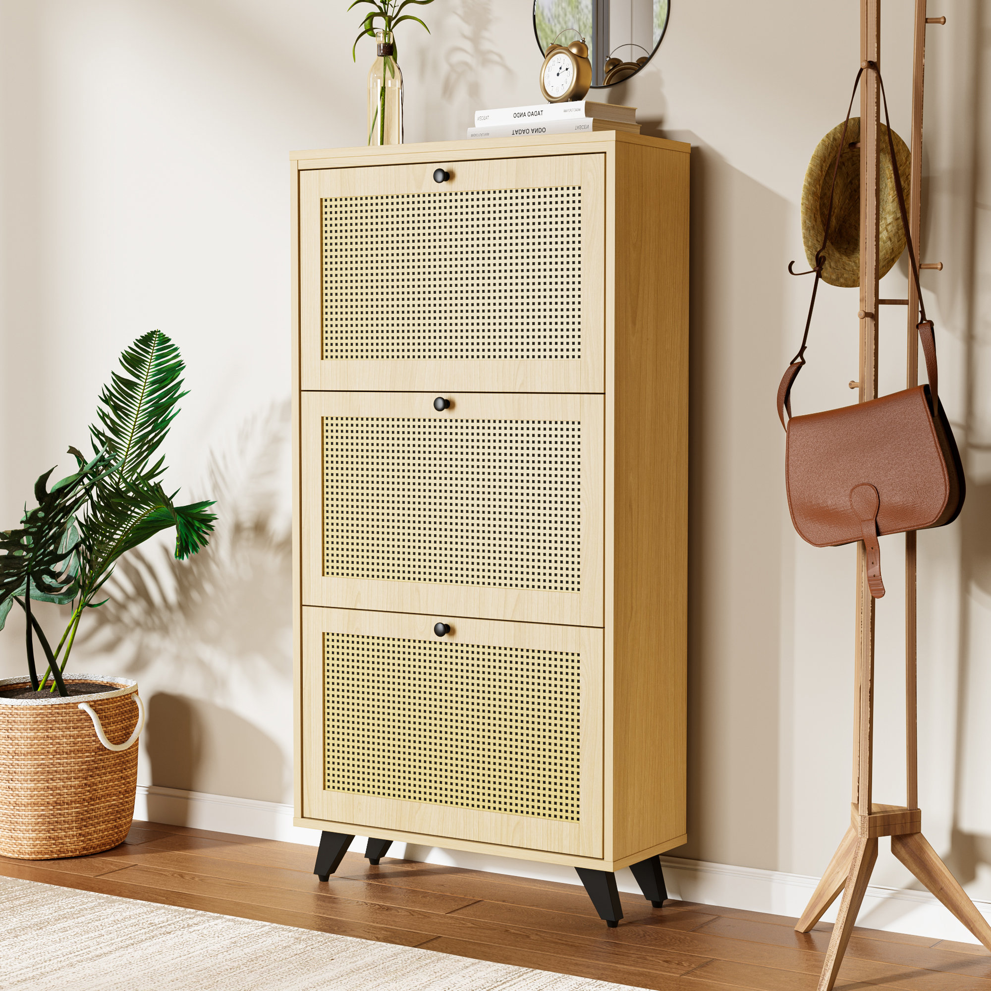 Rattan Shoe Cabinet with 4 Flip Drawers & 1 Mirror Storage Cabinet, Shoe Storage Cabinet Bayou Breeze