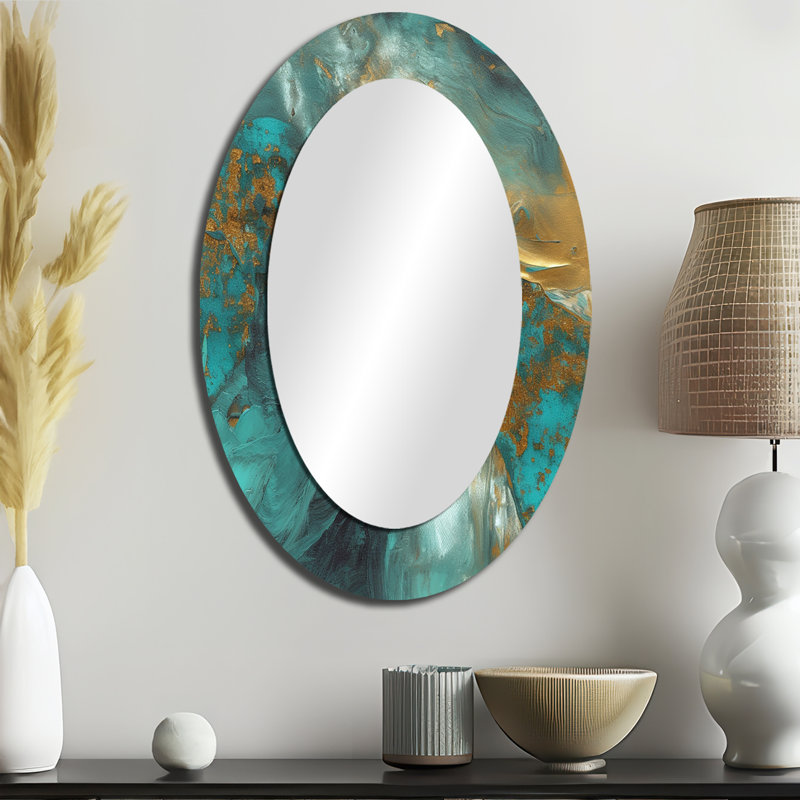 Golden Sunshine Wild Turquoise River Abstract IV - Gold Oval Wall Mirror Decor, 36" x 24"