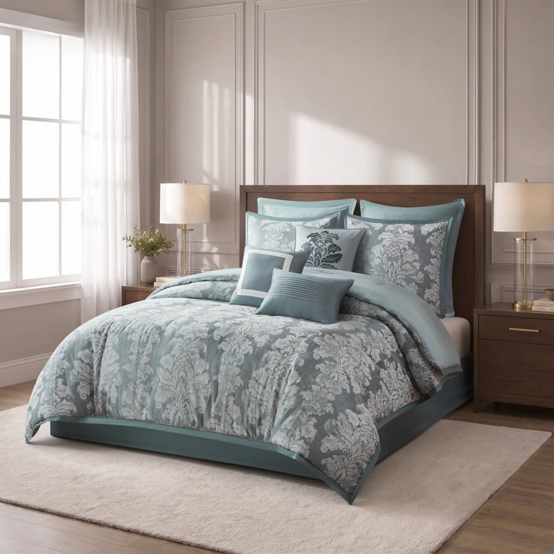 Tristan Comforter 9pcs Set, Full/Queen, Teal