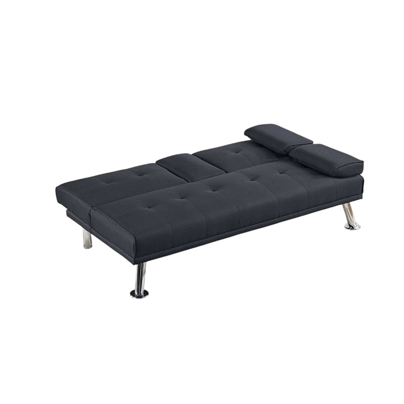 Canapé convertible Gary avec table pliante, pieds en métal, tissu noir
