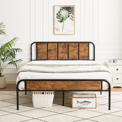 Kempst Bed Frame with Rustic Vintage Wood Headboard Platform Bed No Box Spring Needed