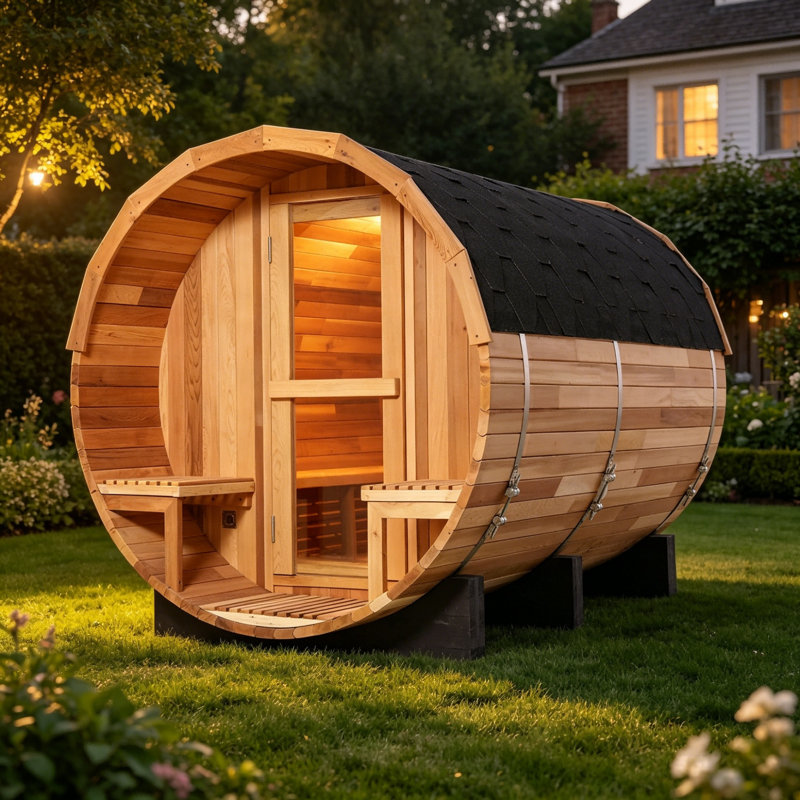 4-6 Person Outdoor Red Cedar Barrel Sauna With Porch, 6kw Heater And Tempered Glass Door