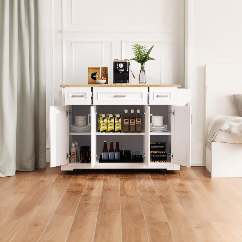 54-Inch Rubberwood Folding Side, Embossed Texture Kitchen Cart With Wheels, 4 Doors, 3 Drawers With Storage, White