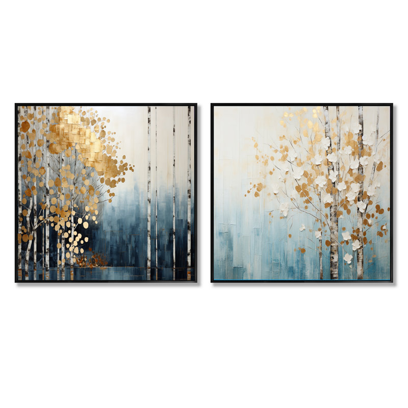 Minimalisme - Forêt bleue et dorée - ensemble de 2 carrés de forêt, Cadre flottant noir, H 16 po x l 33 po