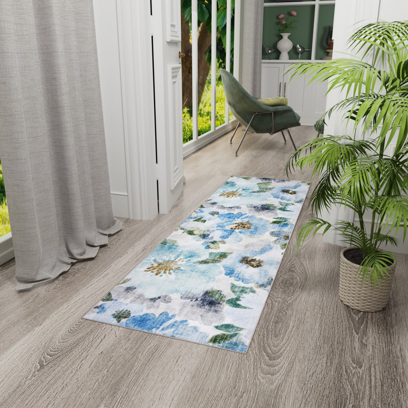 HGTV Chubbuck Machine Washable Indoor Rug, Printed Soft Flannel Polyester with Non-Slip Backing, Jania Blue 2x6, Blue