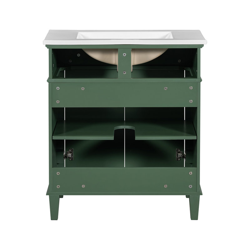 Meuble-lavabo de 30 pouces avec lavabo en céramique, porte à fermeture en douceur et tablettes réglables, Vert / doré