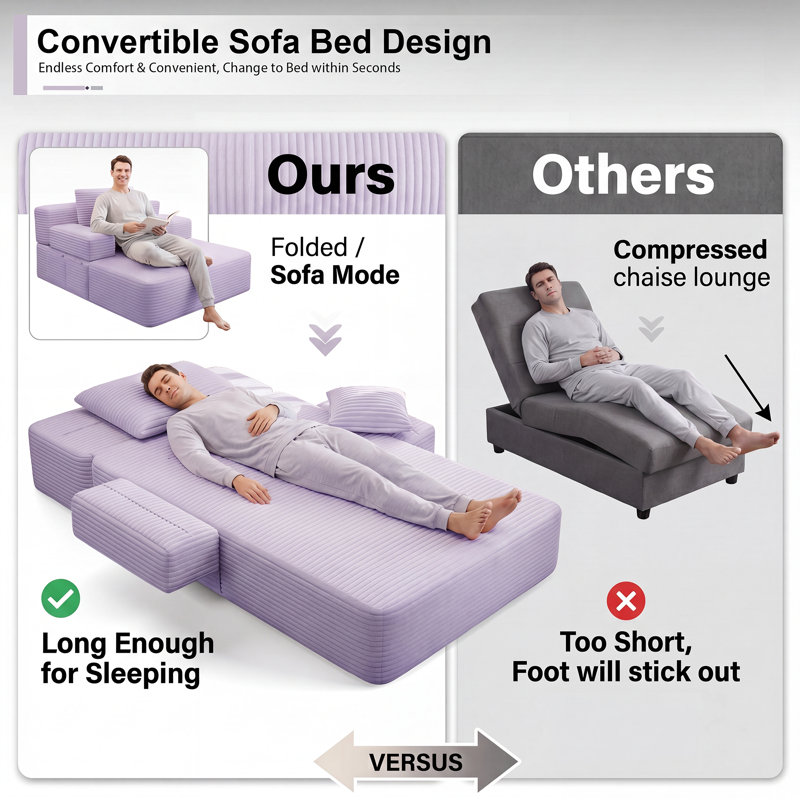 Ensemble 2 pièces de chaise longue en velours côtelé désossé, canapé-lit convertible avec poches latérales - aucun assemblage requis