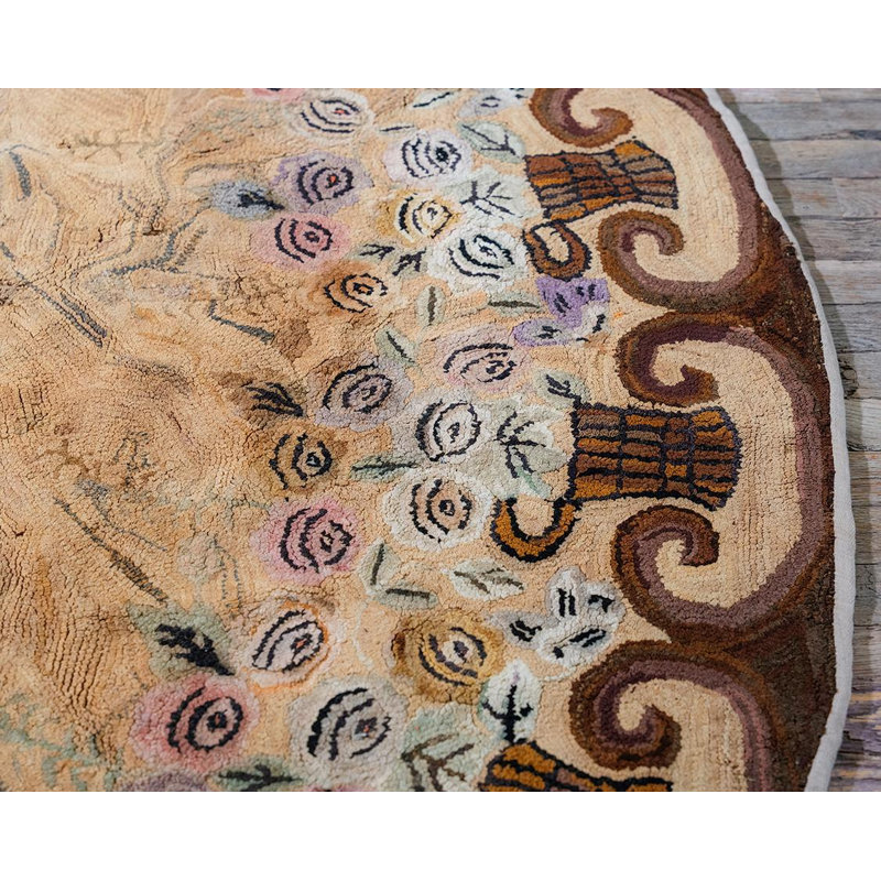 1880s Beige Ground Floral Folk Art Antique Flatweave American Hooked Round Rug