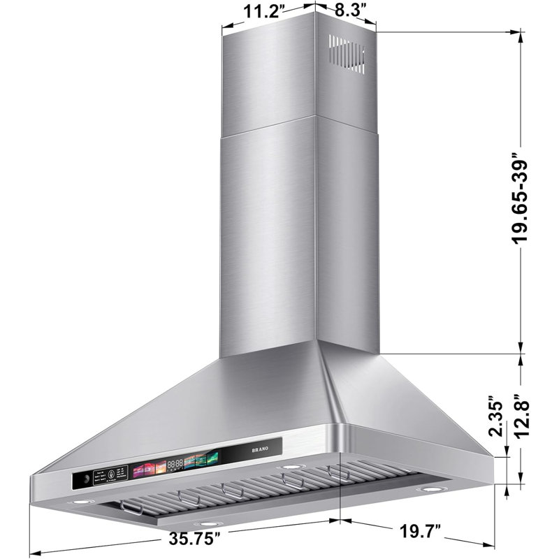 BRANO 36" Stainless Steel 900 CFM Wall Range Hood with Washable Filter