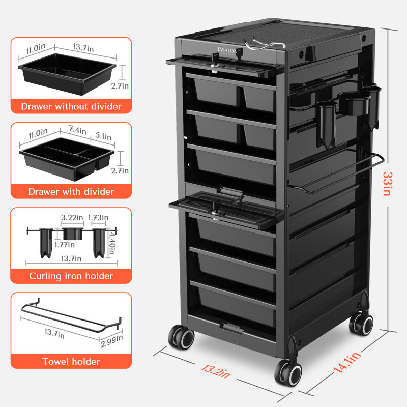 Caelean Salon Trolley Cart with Drawers, Lockable Doors and Tool Holder
