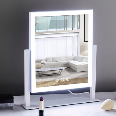 Large Lighted Makeup Mirror With 3-Color LED Modes, 5X Magnification, Smart Touch & 360° Rotation