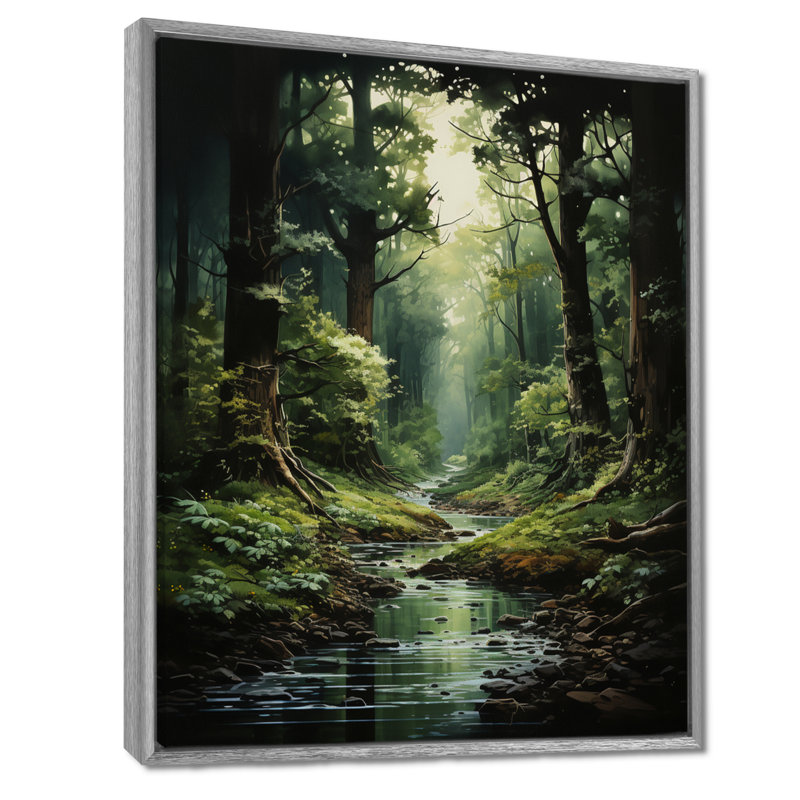 Rivière dans un bois enchanté I - forêt, art mural, H 20 po x l 12 po x P 1 po, Cadre argenté flottant