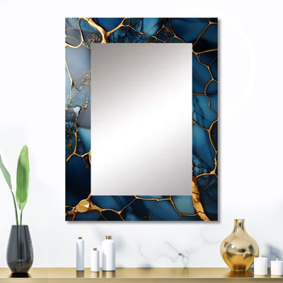 Or et saphir bleu marbre mosaïque IV - miroir décoratif abstrait, miroir mural doré, impression sur métal