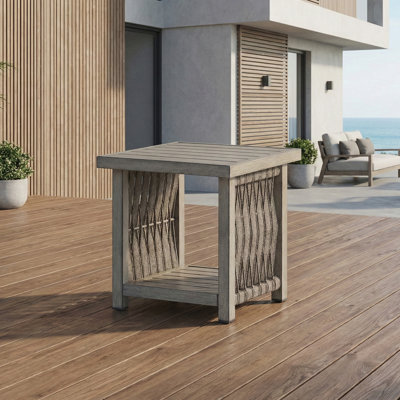 Table d'appoint d'extérieur en aluminium antirouille et chêne gris, plateau à deux niveaux en corde tressée