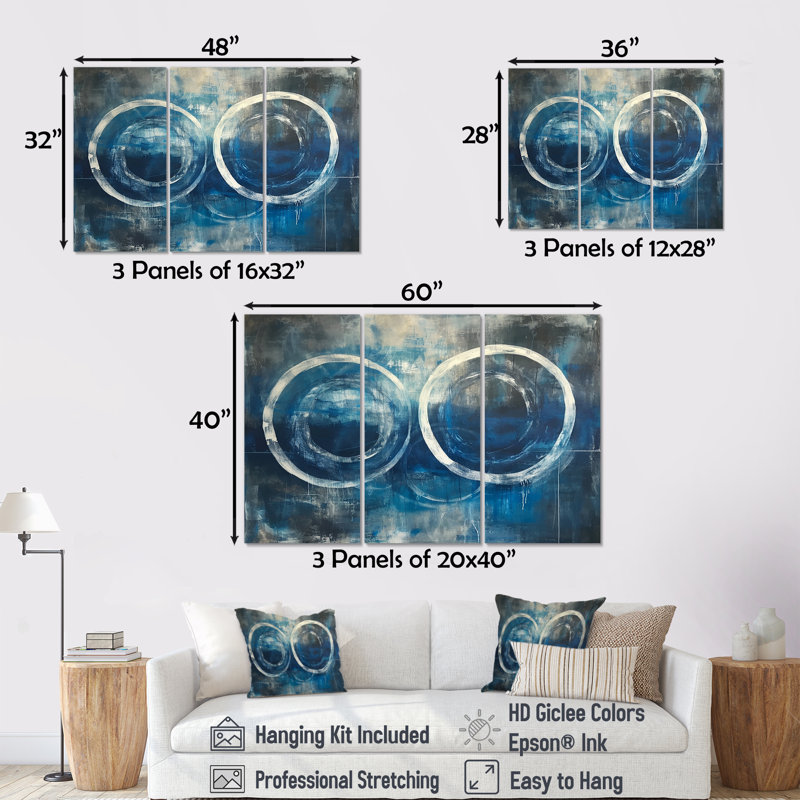 «White Circle Grunge Blue», ensemble de reproductions d'art murales géométriques, Toile tendue, H 40 po x l 60 po x P 1 po