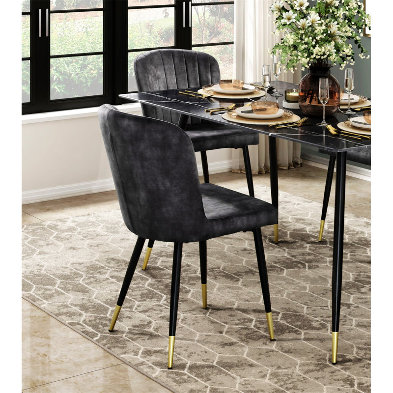 Charcoal Velvet Upholstered Side Chair with Black Metal Legs