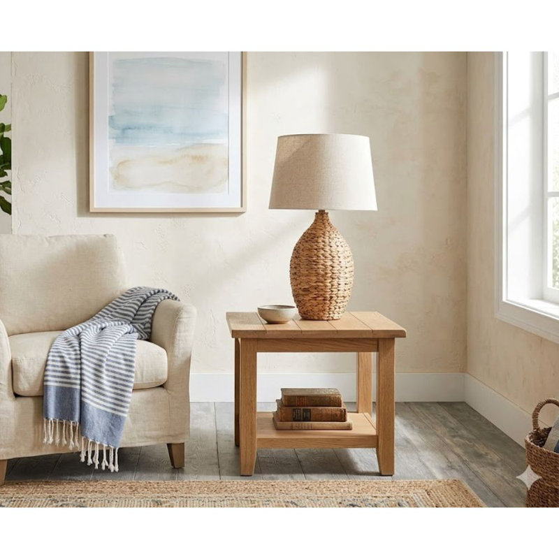 Lampe de table Kingston Coastal Boho avec base naturelle et abat-jour tambour en lin