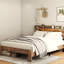 Structure de lit plateforme en bois pour chambre double avec tête de lit à DEL avec rangement et 2 ports, utilisation silencieuse, pas de sommier tapissier, installation sans effort, généreux sous la pièce, éclairage brun foncé, plusieurs appareils-383712371