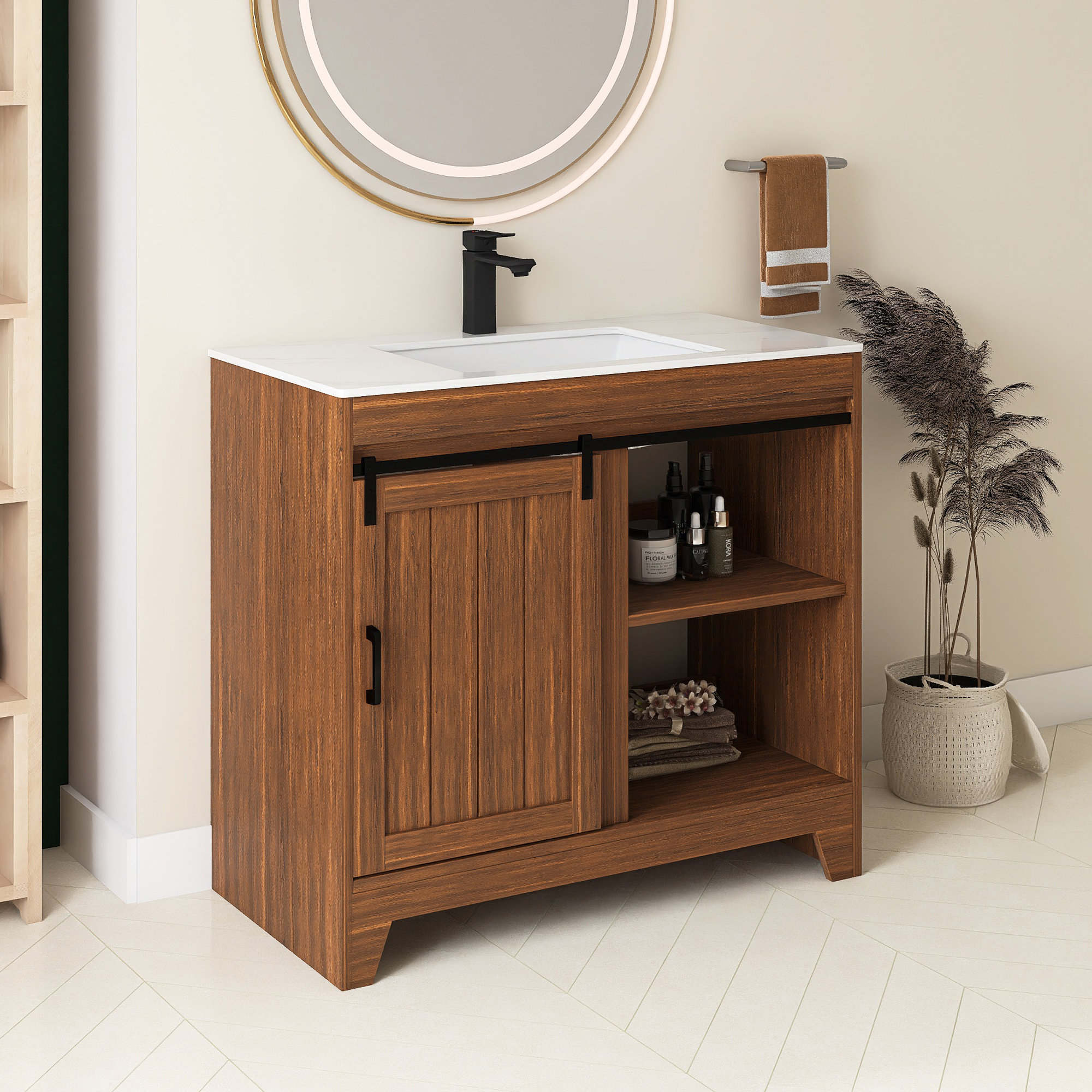 August Grove® Farmhouse Style Dark Walnut Woodgrain Bathroom Vanity With  Sliding Barn Door And Shelves | Wayfair, image size:2000x2000
