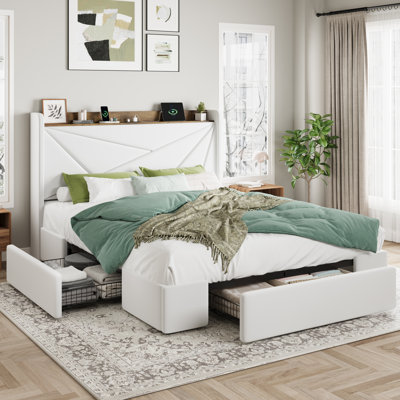 Modern Upholstered Bed With Charging Station & Storage Drawers, Velvet Wingback Headboard,Queen/Full/King Size