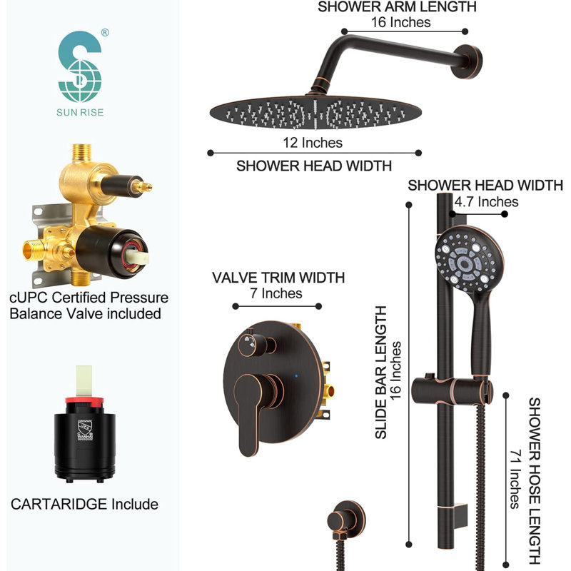 SR SUN RISE Wall Mount Shower System With Adjustable Slide Bar, 6-Function Hand Shower, Rain Shower Combo, Pressure Balance Valve, Cupc Certified For Bathroom Remodel