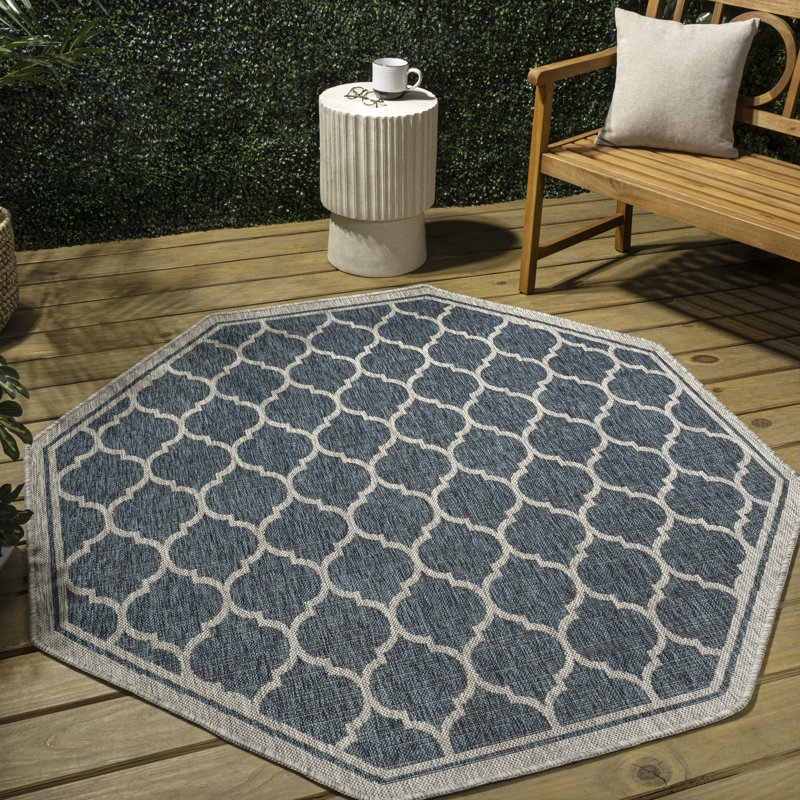 Hague Moroccan Trellis Textured Weave Teal/Gray Indoor/Outdoor Rug, Octagon 7'9"
