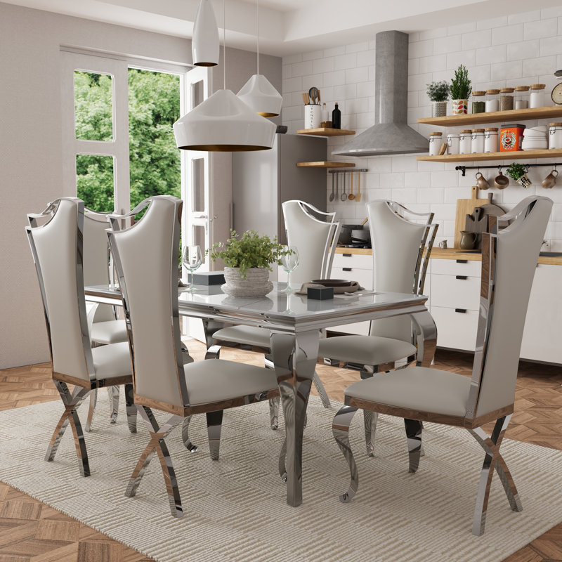Keiann Glass Top Metal Base Dining Table, Silver