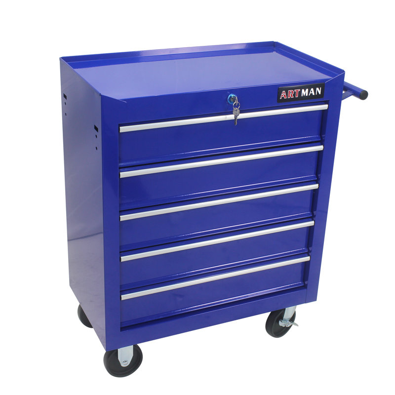 Coffre à outils à 5 tiroirs, armoire de rangement robuste avec système de verrouillage pour rangement de garage, armoire à outils en acier avec 4 roues, bleu
