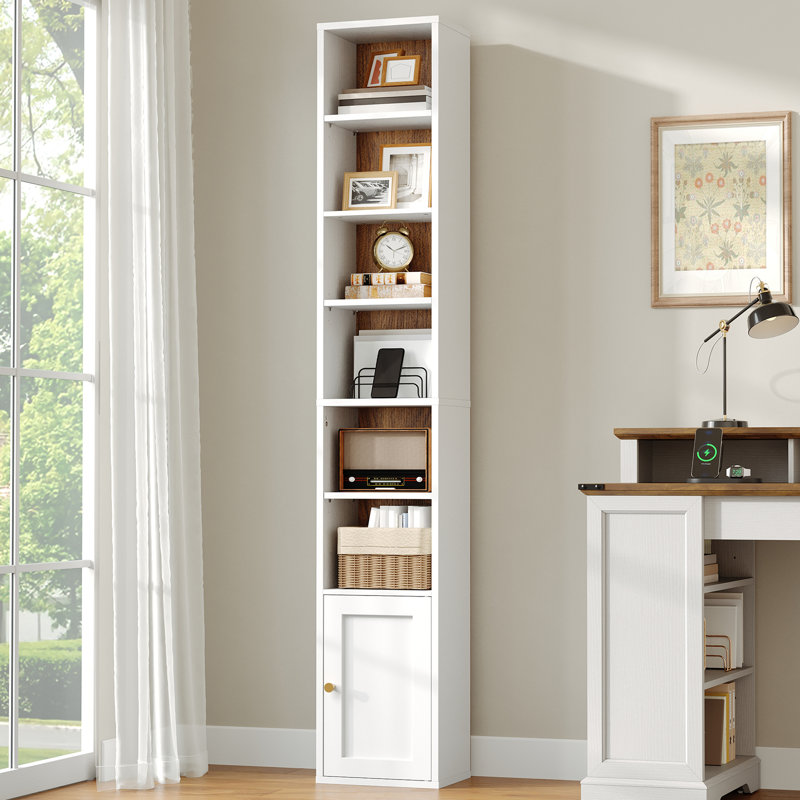 70.9'' Tall Narrow Bookshelf with Storage Cabinet, 7-Tier Skinny Corner Bookcase with Adjustable Shelves, White