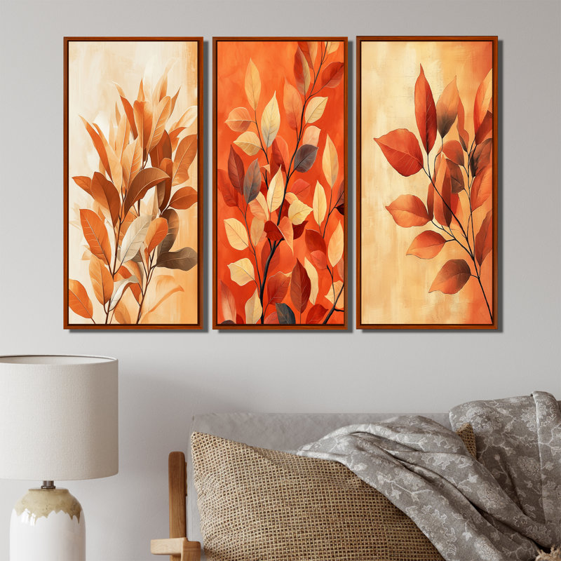 Terre cuite, feuilles, couches de la forêt I - ensemble de 3 décorations murales feuilles, H 32 po x l 48 po, Brun