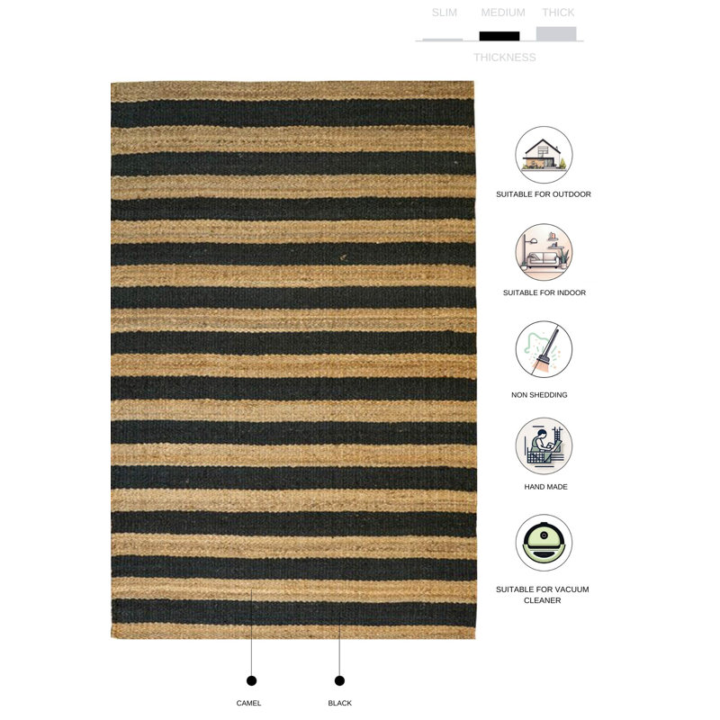 Tapis à rayures en jute brun Jariyah, Rectangulaire 3 pi x 5 pi