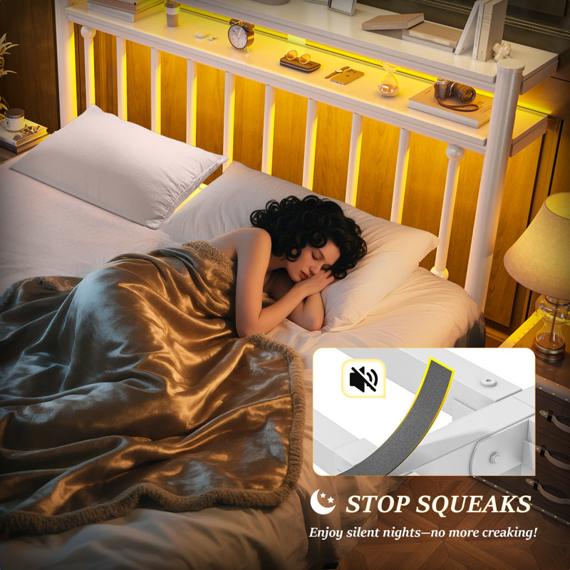 Metal Bed Frames With 2-Tier Storage Headboard And LED Light,No Box Spring Needed, Noise-Free,Easy Assembly, Queen , White