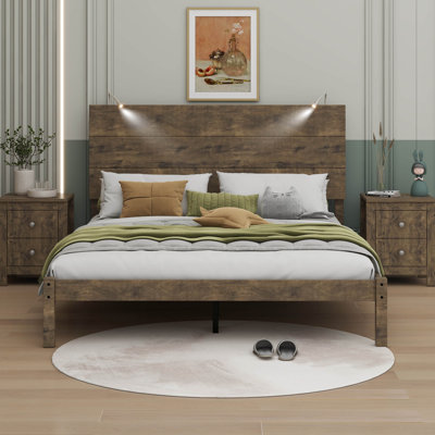 Ensemble de chambre à coucher 3 pièces, lit plateforme avec deux lumières de chevet, table de chevet 2 tiroirs