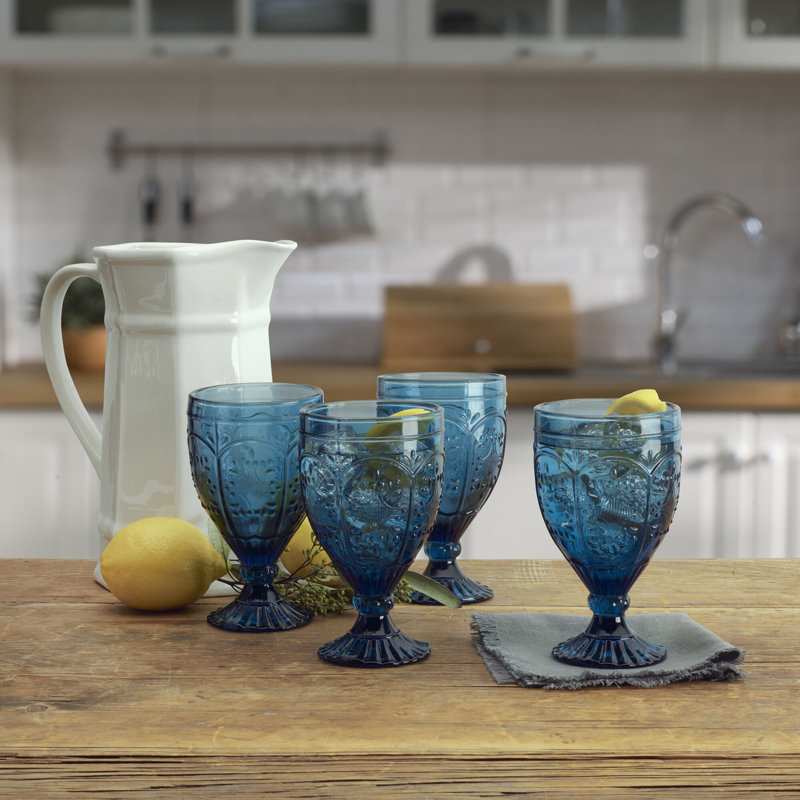 Royal Blue Embossed Glass Goblet Set of Four
